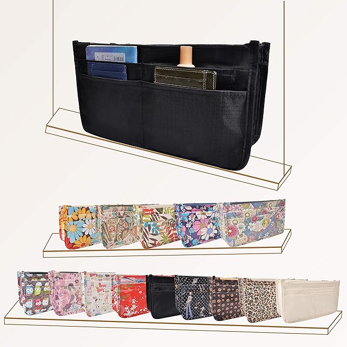Vercord Patterned Purse Handbag Tote Pocketbook Bag Organizer Insert with Zipper Handle for Women Medium Black