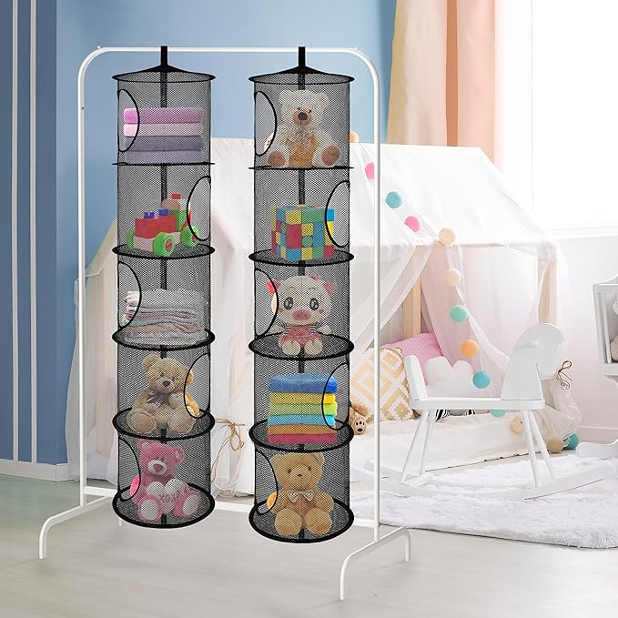 Libeder Mesh Hanging Storage Space Saver Bags Organizer,Foldable Storage Organizer 5 Compartments Toy Storage Basket for Kids Room Bathroom 2 Sets, Black