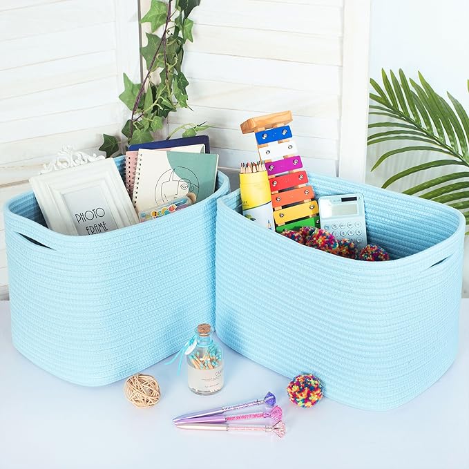 MINTWOOD Design 3-Pack Decorative Woven Storage Baskets for Shelves, Cube Bin Box for Organizing Books, Shoes, Dog Toys, Pantry Closet and Living Room Organizer, Sky Blue
