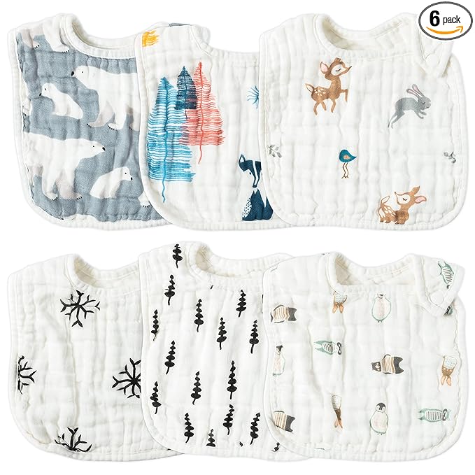 Zainpe 6Pcs Muslin Cotton Baby Bibs Snowflake Polar Bear Pattern Burp Cloths, Adjustable Bib with 6 Absorbent Soft Layers for Unisex Infant Toddler Newborn Drooling Feeding Teething