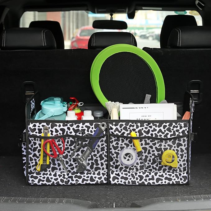 Car Trunk Organizer Car Storage Organizer Collapsible Multi Compartment Car Organizer Adjustable Straps Car Organizer for SUV(Cow)