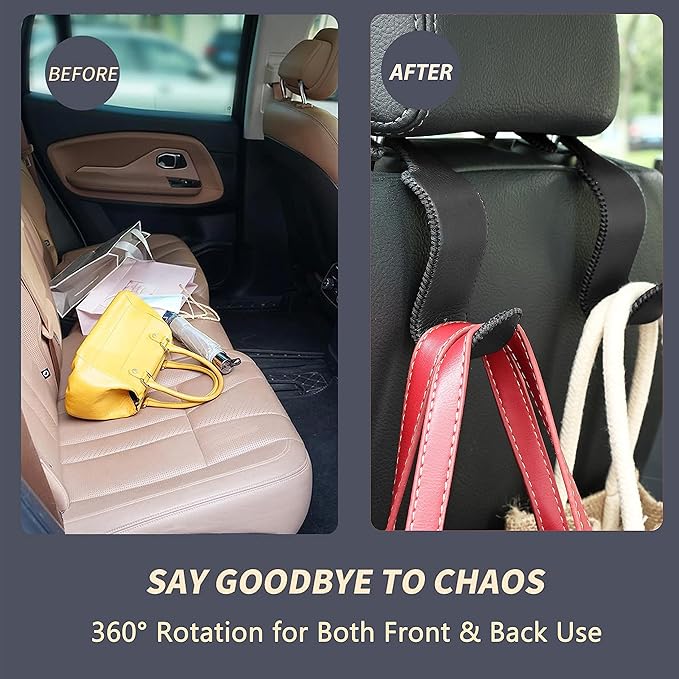 Amooca Car Seat Headrest Hook Universal Vehicle Storage Hanger Leather with Metal Car Seat Back Organizer for Handbag Purse Coat Black 4 Pack