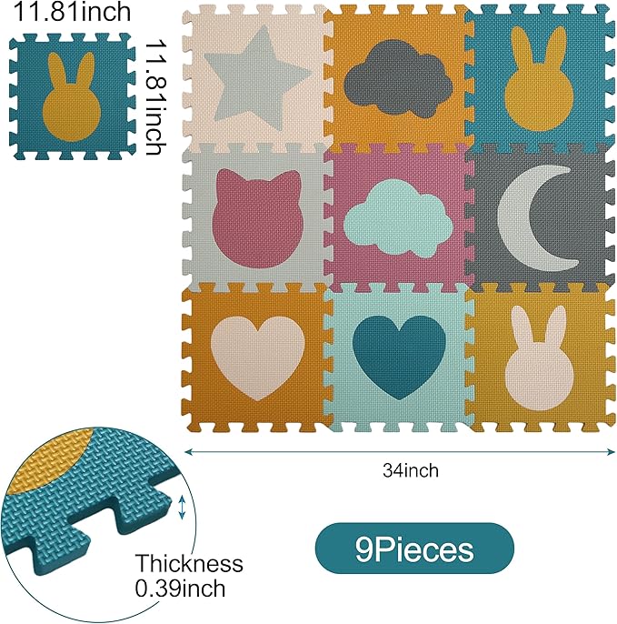 PLAY 10 Baby Play Mats for Floor, Foam Baby Play Mat, Foam Play Mats Shapes Puzzle Mat 9 Pieces