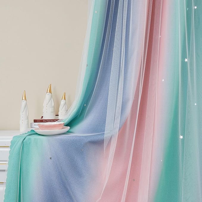 XiDi Curtains for Bedroom Decor, Rainbow Pinkgreen grey52/45