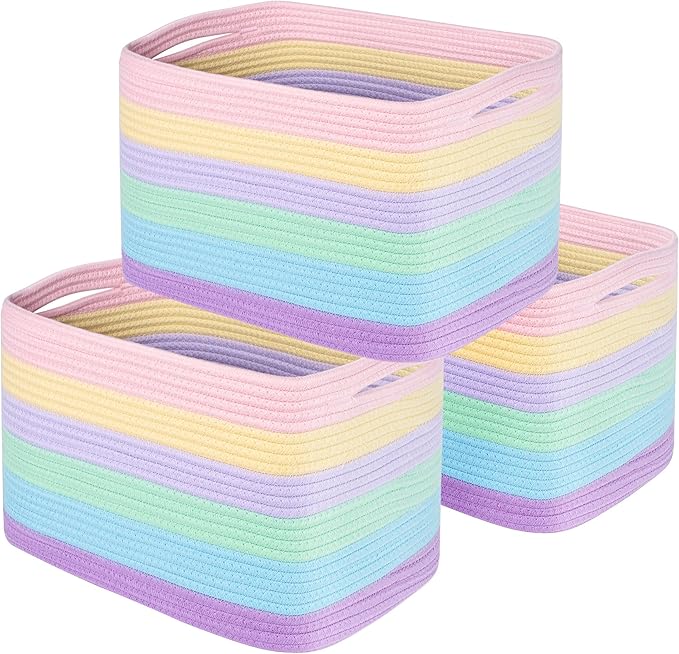 MINTWOOD Design 3-Pack Storage Baskets and Cube Bins for Shelves, Playroom and Classroom, Decorative Woven Closet Organizers for Books, Shoes, and Pantry Items, Pastel Rainbow