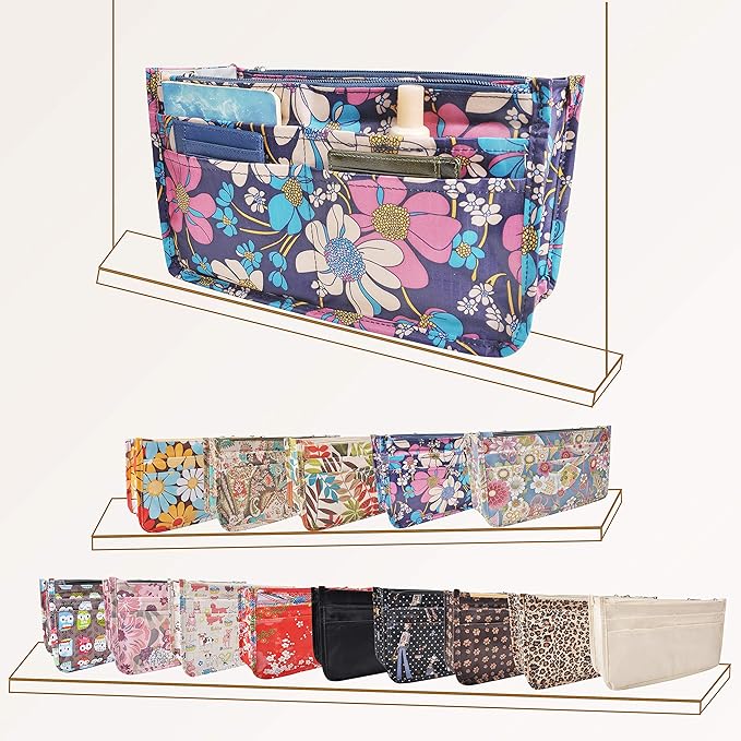 Vercord Patterned Purse Handbag Tote Pocketbook Bag Organizer Insert with Zipper Handle for Women Medium Flowers