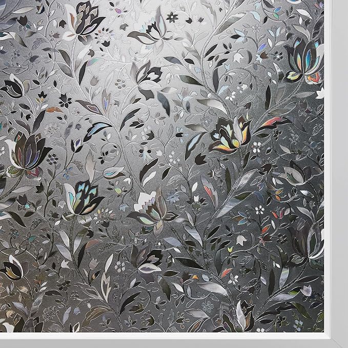 Kromapolis Window Film, Window Privacy Film Frosted, Vinyl Glass Covering, Stained Glass Decorative Film, Static Window Clings, Non-Adhesive (Grayish Black, 11.8 x 157.4 inch)