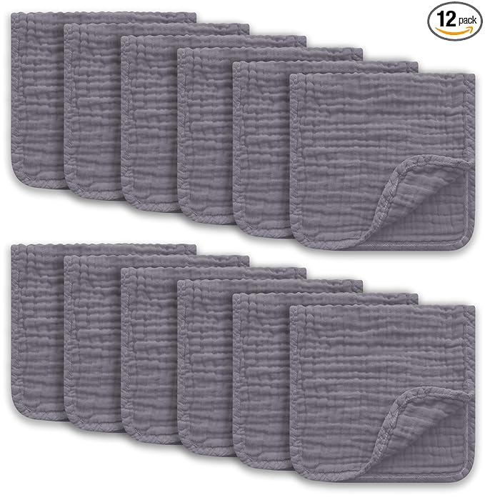 Ease Cubs Muslin Burp Cloths Large 100% Cotton Hand Washcloths for Boys & Girls, Baby Essentials Extra Absorbent and Soft Burping Rags for Newborn Registry (Grey, 12-Pack, 20" X10")