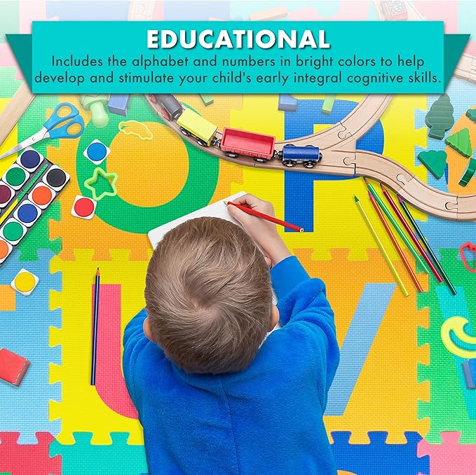 ProSource Kids Puzzle Alphabet & Numbers & Shapes Foam Play Mat 36 Tiles, 12"x12" and 24 Borders