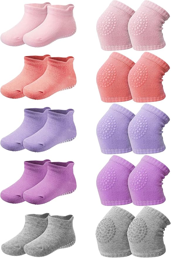 10 Pairs Baby Crawling Anti Slip Knee Pads and Anti Slip Baby Socks Set Unisex Toddler Knee Protectors Non Slip Ankle Socks