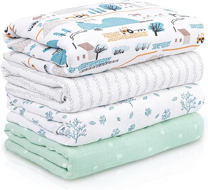 Muslin Swaddle Blankets for Newborn, 4 Pack Cotton Baby Blankets, Large 31.5 x 43.3 inch Breathable Soft Receiving Blanket, Essentials Swaddle Wrap Burping Clothes, Blue Farm Country