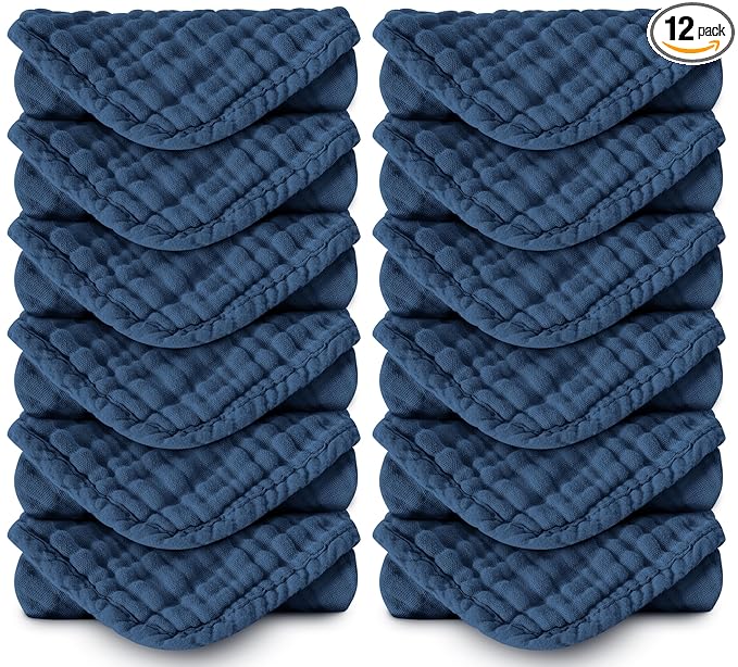 Spotted Play Muslin Burp Cloths 100% Cotton Large 20''x10'' Extra Soft and Absorbent Baby Wash Cloths Spit Up Rags - Baby Burping Cloth for Boys Girls Items(12 Pack Navy Blue)