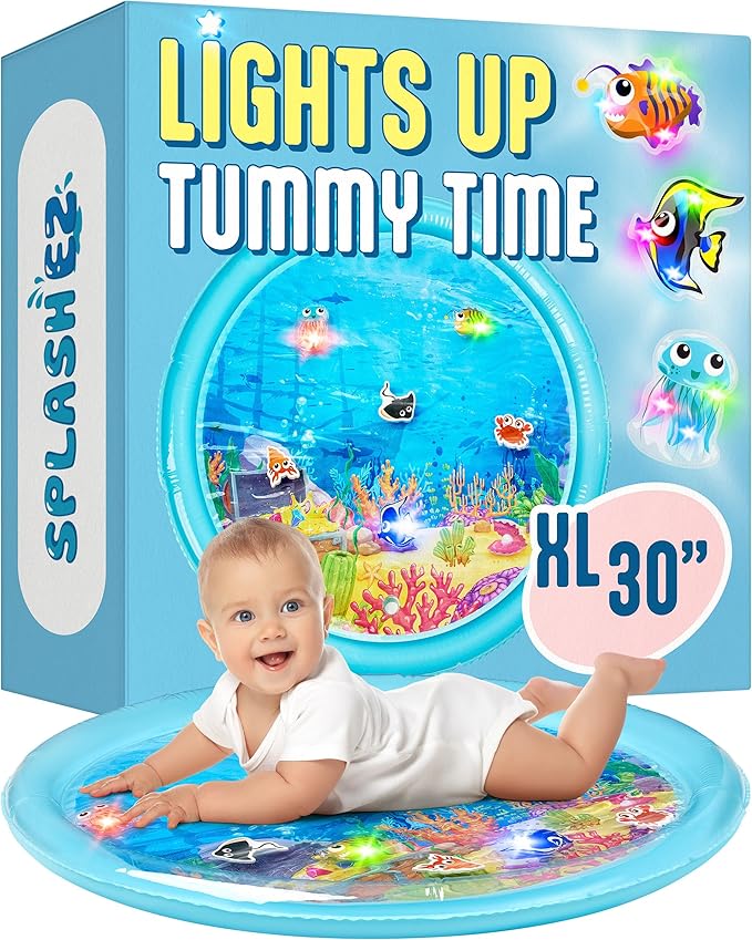 SplashEZ Lights Up Tummy Time Water Mat for Babies, 30" X-Large Baby Water Mat Tummy Time for Sensory Play with LED Glowing Fishes, Inflatable Fun Play Pad for Infants & Toddlers 3 to 36 mo