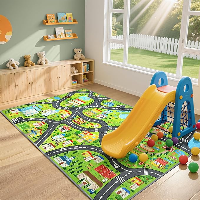 Community Kids Car Play Rug - Educational Play Mat Carpet with Fire Station, School, Park & More for Learning and Play, Ideal for Playroom Classroom Bedroom Nursery, 6x9ft
