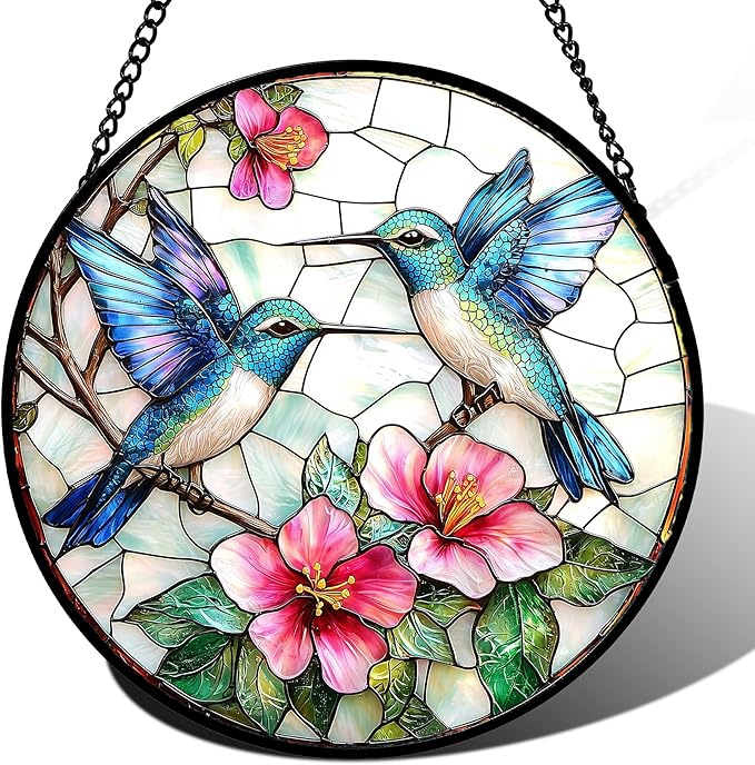 JOSUMALY Stained Glass Window Hanging - Blue White Hummingbirds Pink Flowers Suncatcher for Door Terrace Garden Home Decor Bird Sun Catcher Birthday Gifts for Lovers Women Men Dad Mom Nana 9.8 in