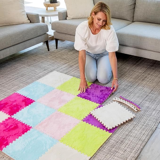 16 Piece Carpet Squares Puzzle Mat 49" x 49" Plush Interlocking Carpet Tiles, Foam Floor Tiles for Baby Play Mat - Kids Soft Play Mats Anti Slip Jigsaw Flooring Playmat Playroom Rug (Multi-Color)
