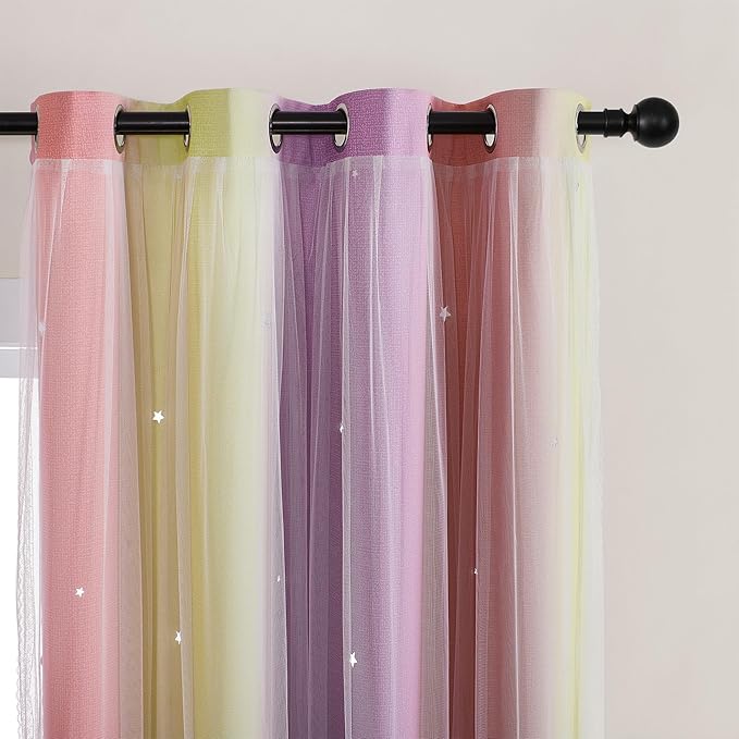 XiDi Pink Yellow Curtains for Bedroom Decor Blackout Curtains for Girls Kids Room Rainbow Unicorn Wall Decals 34X63 Inch Long 1 Panel