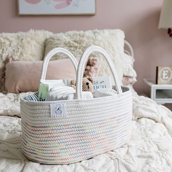 OrganiHaus Nursery Storage Basket, Cotton Rope Toy & Diaper Caddy Organizer with Handles, Baby Diaper Organizer, Foldable Design, Machine Washable, Ideal for Baby Room & Laundry - Stitches Rainbow