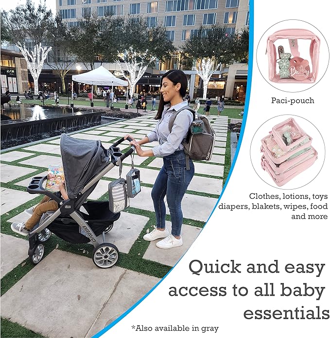 Llama Bella 5 Piece Diaper Bag Organizer Pouch Set, Clear with Straps and Pacifier Case - Pink