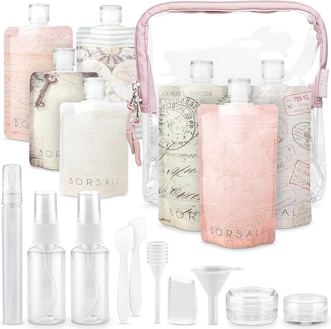 BORSALI Travel Pouches for Toiletries, Portable Flat Pack Squeeze Containers for Shampoo & 3-1-1 Liquids, Empty Travel Size Essentials for Women - 18 Piece Set with TSA Approved Bag