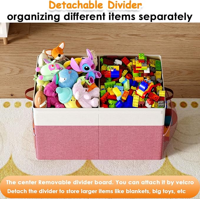 Fineonly Large Toy Storage Box with Lid Upgraded Toy Storage Chest Organizer with Divider Foldable Toy Bin for Kids Boys Girls Playroom Nursery Bedroom (25"x13"x16")