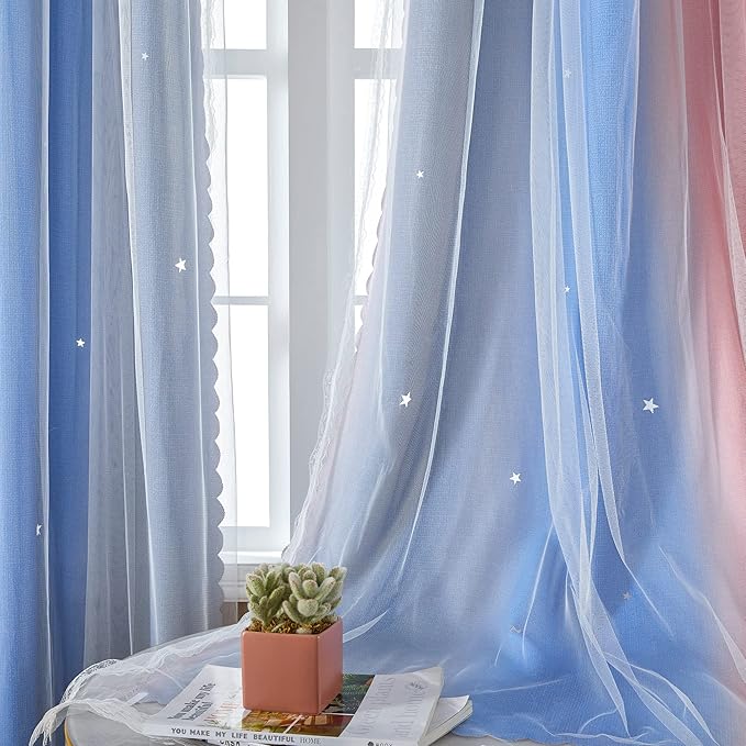 XiDi Dream Star Blackout Curtains for Kids Rooms Girl Princess Curtain for Daughter Bedroom Window (Pink Grey Blue, W52 X L84)