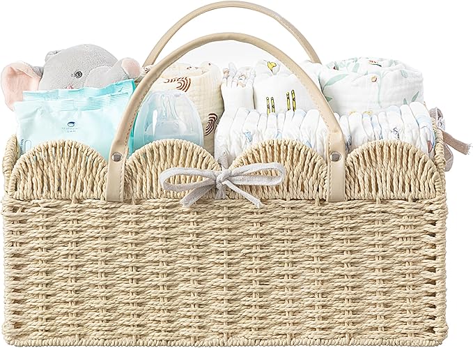 HBlife Baby Diaper Caddy, Paper Rope Storage Baskets Nursery Bin with Removable Divider, Portable Car Organizer for Diapers, Baby Shower Gifts, Newborn Essentials Must Haves