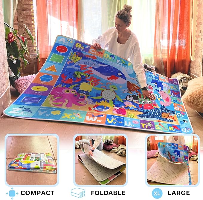 QUOKKA Baby Mat for Floor Play for Babies 6-12 Months – Super Soft Baby Floor Play Mat for Toddlers 1-3 – ABC Ocean Large Thick Plush Rug for Nursery – Padded Foldable Activity Infant Playroom Carpet