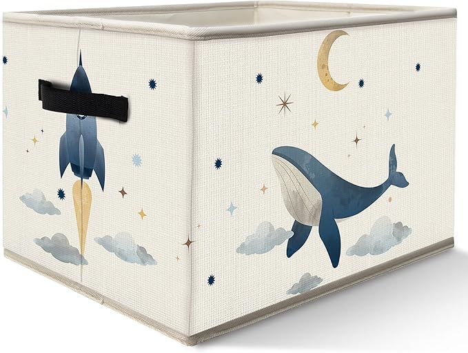 FDHSPAAM Outer Space Rocket Whale Nursery Storage Bins Box with Handles, Cosmic Galaxy Planet Star Moon Collapsible Fabric Storage Basket Box Organizer for Bedroom Bathroom Clothes Toys Books