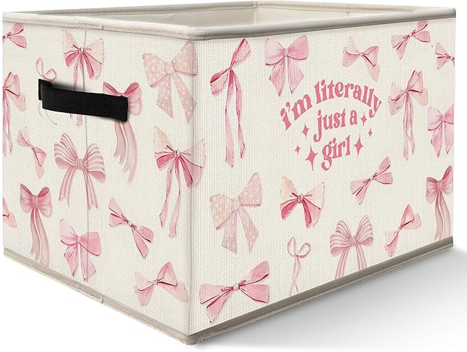FDHSPAAM Coquette Preppy Pink Bow Storage Bins Box with Handles, I'm Iiterally Just a Girl Collapsible Fabric Storage Basket Box Organizer for Girls Dorm Bedroom Bathroom Clothes Toys Books