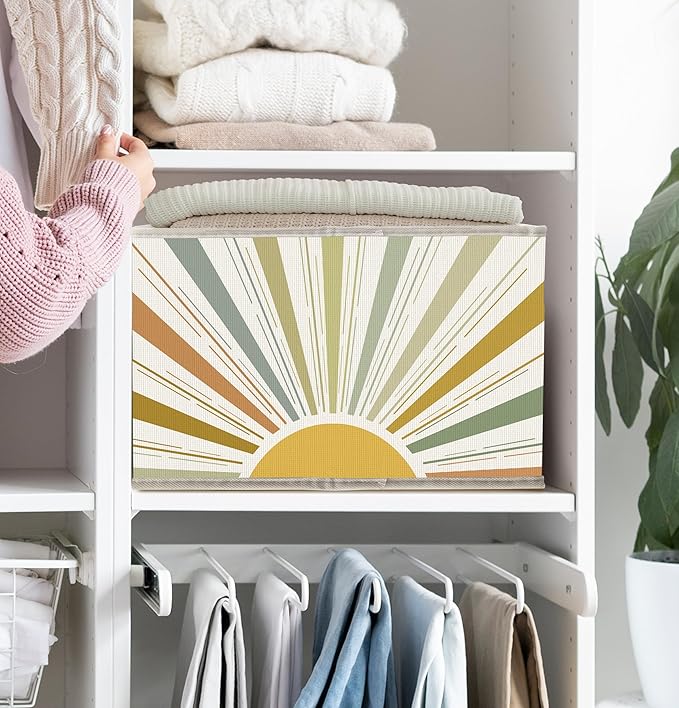 FDHSPAAM Boho Rainbow Sunshine Storage Bins Box with Handles, Abstract Mid Century Modern Minimalist Sun Sunrise Collapsible Fabric Storage Basket Box Organizer for Bedroom Bathroom Clothes Toys Books