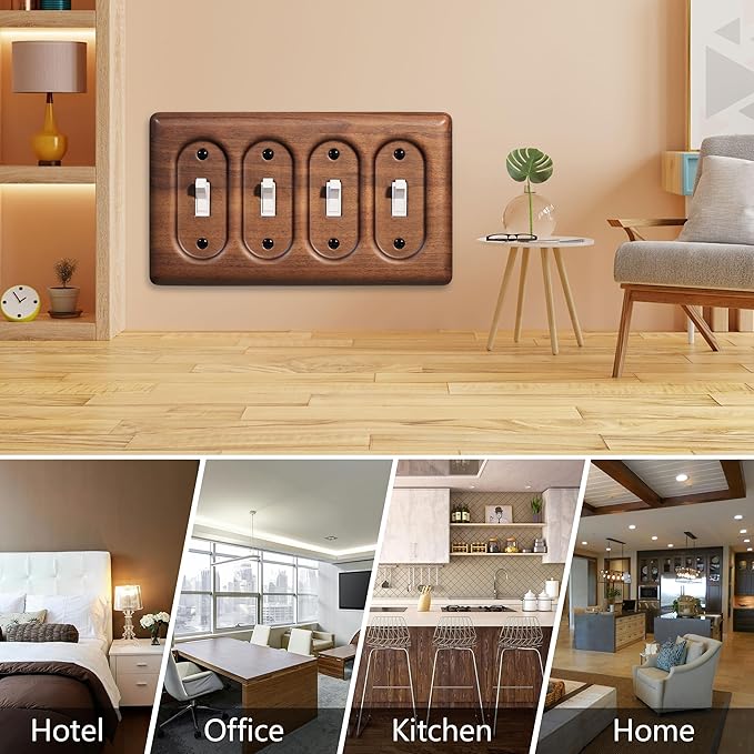 2-Pack Quad Toggle Light Switch Cover Plate, Handcrafted North American Walnut Wall Plate for Rustic and Stylish Homes
