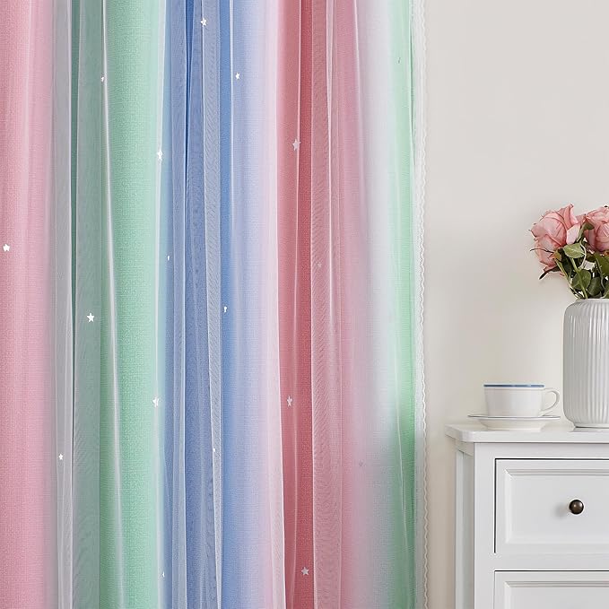 XiDi Curtains for Bedroom Decor, Rainbow Pink GreenBlue52/45/1