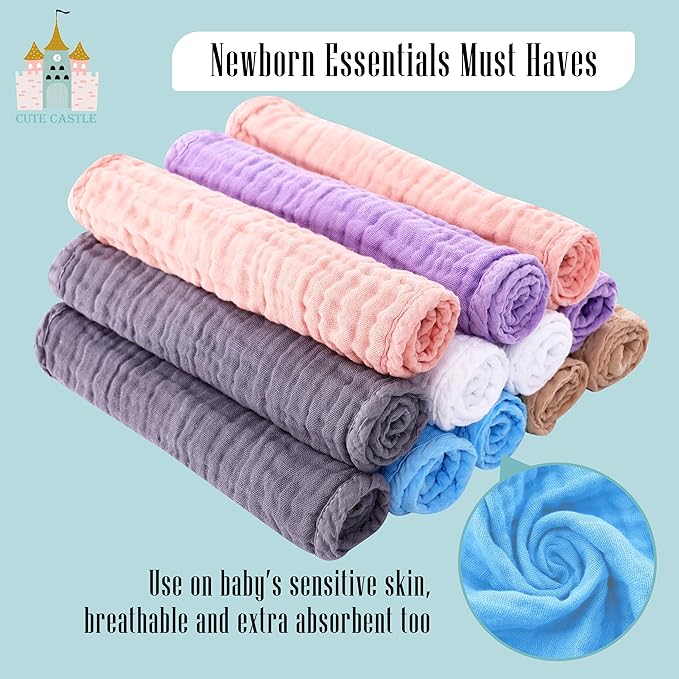 Cute Castle 24 Pack Muslin Burp Cloths for Baby - Ultra-Soft 100% Cotton Baby Washcloths - Large 20'' by 10'' Super Absorbent Milk Spit Up Rags - Burpy Cloths for Unisex, Boy, Girl - Multicolor