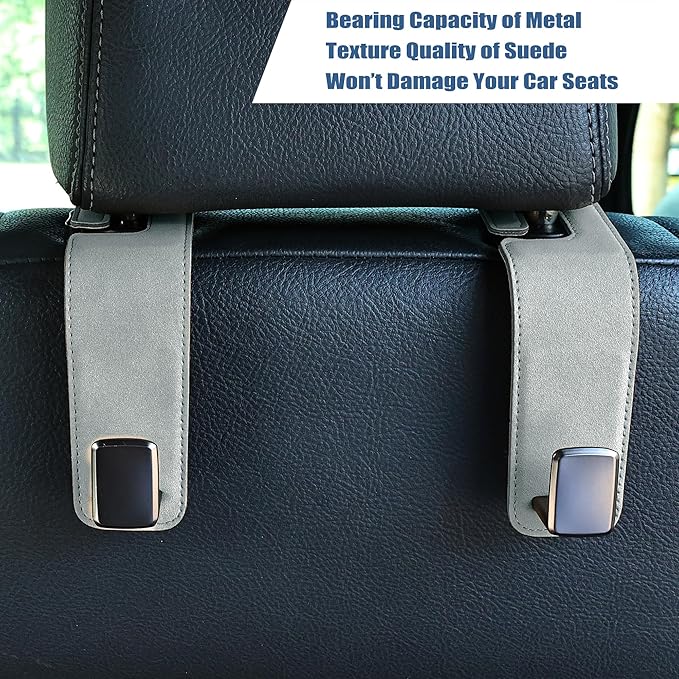 Amooca Car Seat Back Hook Universal Auto Storage Hanger Suede with Metal Car Seat Organizer for Handbag Purse Coat Umbrellas Grocery Bags 2 Pack Light Gray