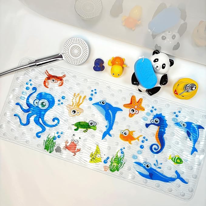 BEEHOMEE Bath Mats for Tub Kids,Baby Toddler - Large Cartoon Non-Slip Bathroom Bathtub Anti-Slip Shower Mats for Floor 35x15,Machine Washable XL Size Bathroom Mats (Blue-Octopus)
