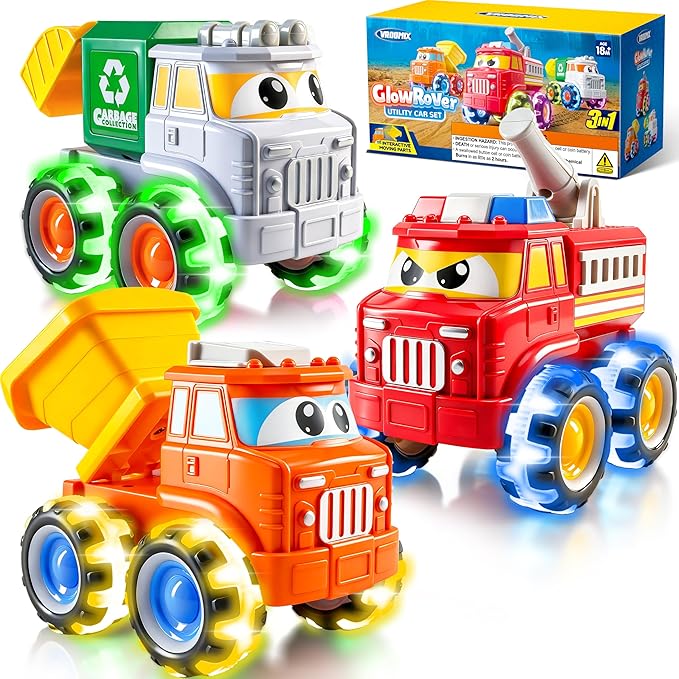 Vroomix Jova GlowRover 3 Pack Monster Truck Toys, City Utility Cars with LED Light Up Wheels, Friction Powered Cars for Toddlers Boys Girls Age 18 Month and Up, Birthday Gifts for Christmas