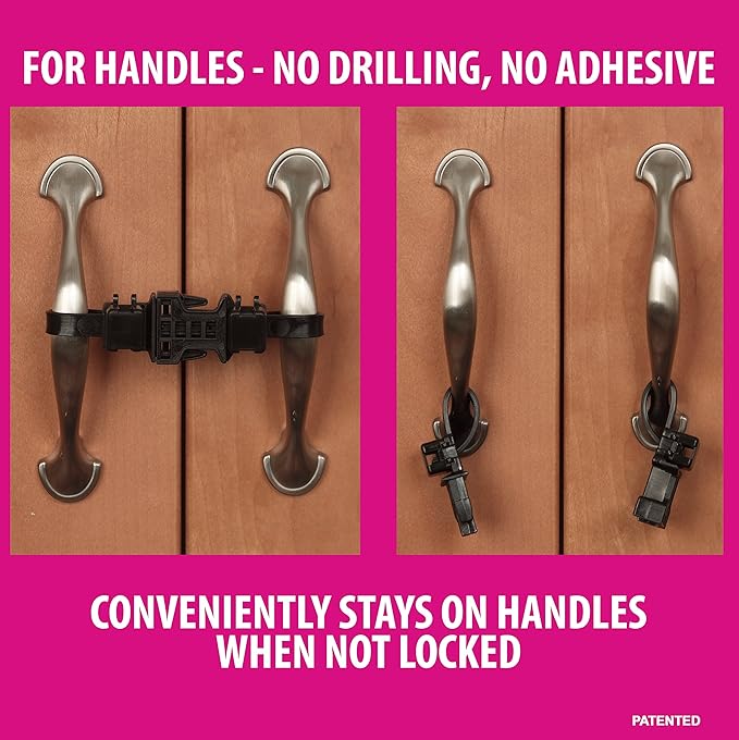 Baby Safety Cabinet Locks for Handles Child Safety Cabinet Latches for Home Safety Strap for Baby Proofing Cabinets Kitchen Door RV No Drill No Screw No Adhesive /4 Pack (Black)