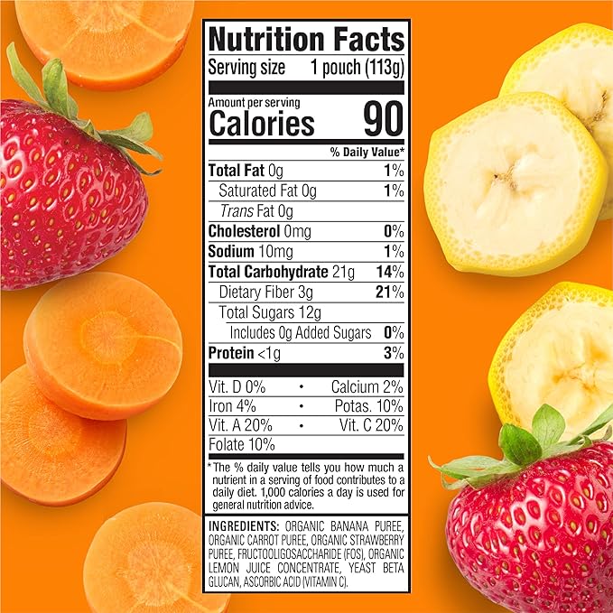 HAPPYTOT Organics Stage 4 Baby Food Pouches, Gluten Free, Vegan Snack, Super Bellies, Fruit & Veggie Puree, Banana, Carrot & Strawberry 4 Ounce (Pack of 16)