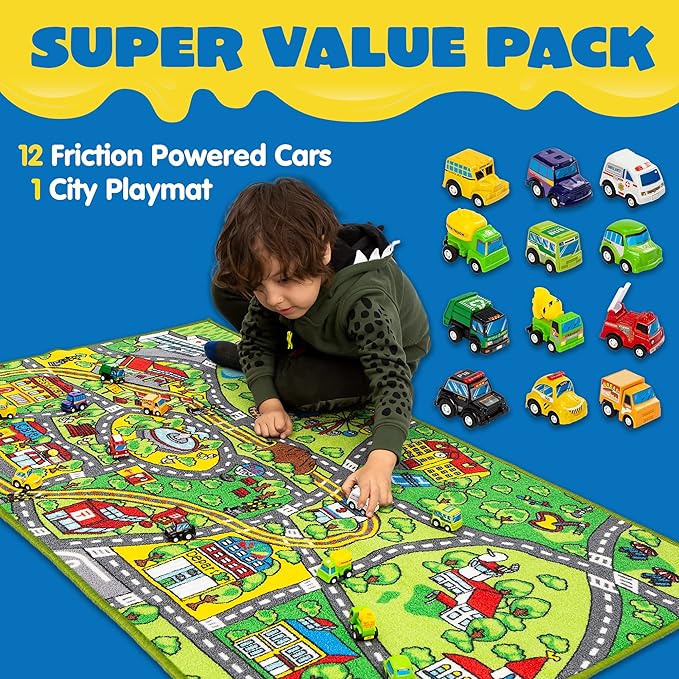 JOYIN Carpet Playmat w/ 12 Cars Pull-Back Vehicle Set for Kids Age 3+, Jumbo Play Room Rug, City Pretending Play