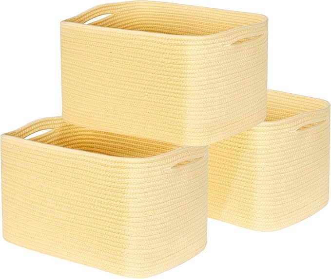 MINTWOOD Design 3-Pack Decorative Woven Storage Baskets for Shelves, Cube Bin Box for Organizing Books, Shoes, Dog Toys, Pantry Closet and Living Room Organizer, Yellow