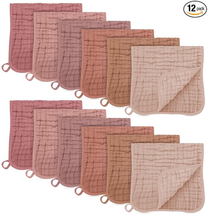 SWEET DOLPHIN 12 Pack Muslin Burp Cloths Large 100% Cotton Burping Clothes for Baby Drool - Absorbent and Soft Boys & Girls Milk Spit Up Rags for Newborn Essentials Registry - Muted Terracotta