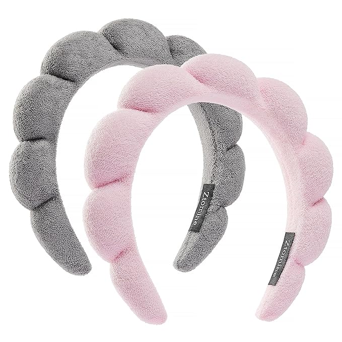 Spa Terry Cloth Headband Combo Pack - 2 Puffy Makeup Headbands for Facial Care, Face Washing, and Mask Application (Pink + Grey)