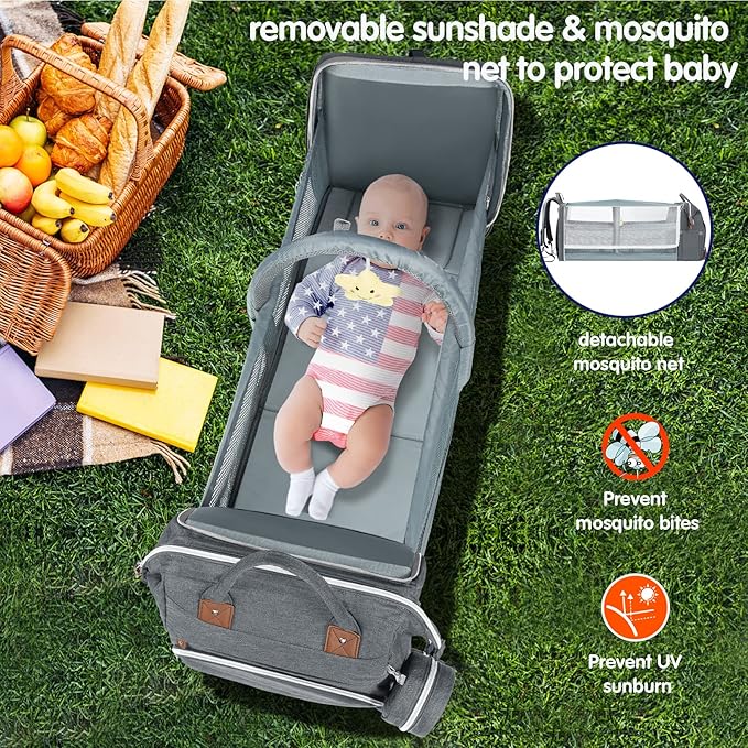 DERJUNSTAR Baby Diaper Bag Backpack with Changing Station Large Capacity Baby Bag for Boys & Girls, USB Charging Port, Pacifier Case, Sunshade & Toy Bar, Waterproof