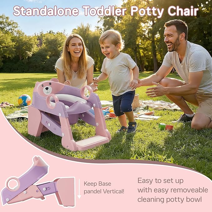 Potty Training Seat, 2-in-1 Toddler Toilet Training Seat & Potty Chair for Kids Boys Girls, Height Adjustable Toilet Seat with Splash Guard, Stable Wide Base Design, Anti-Slip Steps Stool
