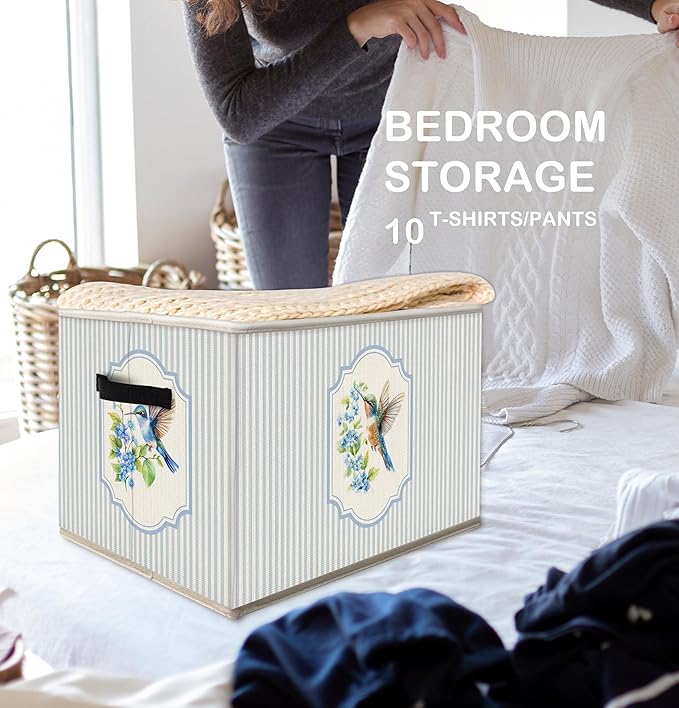 FDHSPAAM Blue Floral Hummingbird Storage Bins Box with Handles, Cottagecore Wildflower Bird Collapsible Fabric Storage Basket Box Organizer for Bedroom Bathroom Clothes Toys Books