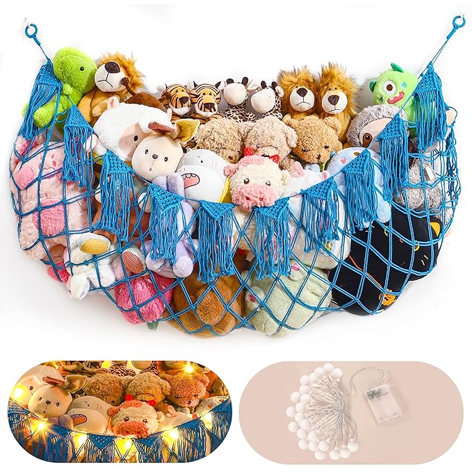 Boho Macrame Stuffed Animal Hammock with LED Lights – Large Wall Hanging Plushie Net, Corner Toy Organizer for Kids Bedroom, Nursery, Playroom & Dorm (Blue XXL)