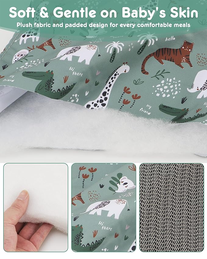 Lunobubo Baby High Chair Cover Restaurant with Strap Pads & 3-Point Harness, Machine Washable, Waterproof Portable Highchair Covers for Eating, Travel, Home Use - Fits Wooden Chairs, Green Dinosaurs