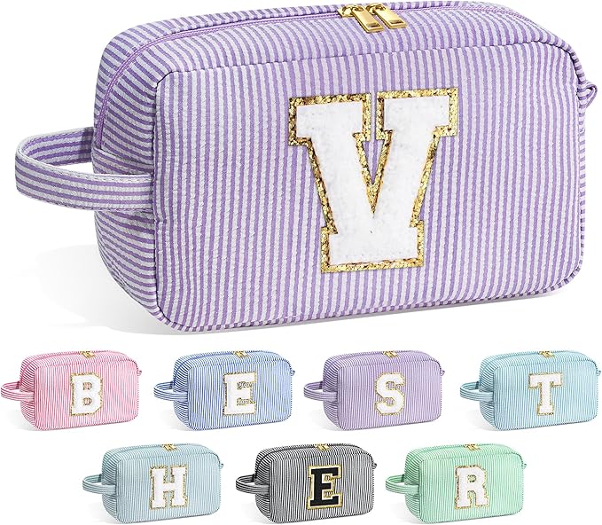 YOOLIFE Initial Makeup Bag for Women - Monogram Cute Makeup Bag Cosmetic Case Toiletry Pouch for Women Her Best Friend Sister Teacher, Personalized Birthday Gifts for Women, Purple V