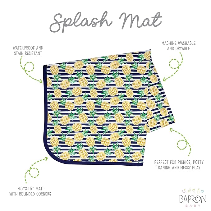 BapronBaby Summer Stripes Pineapple Splash Mat - Waterproof Catch-All for Under High Chairs, Floors, Tables, Playtime or Arts & Crafts - Machine Washable - 45" x 45”